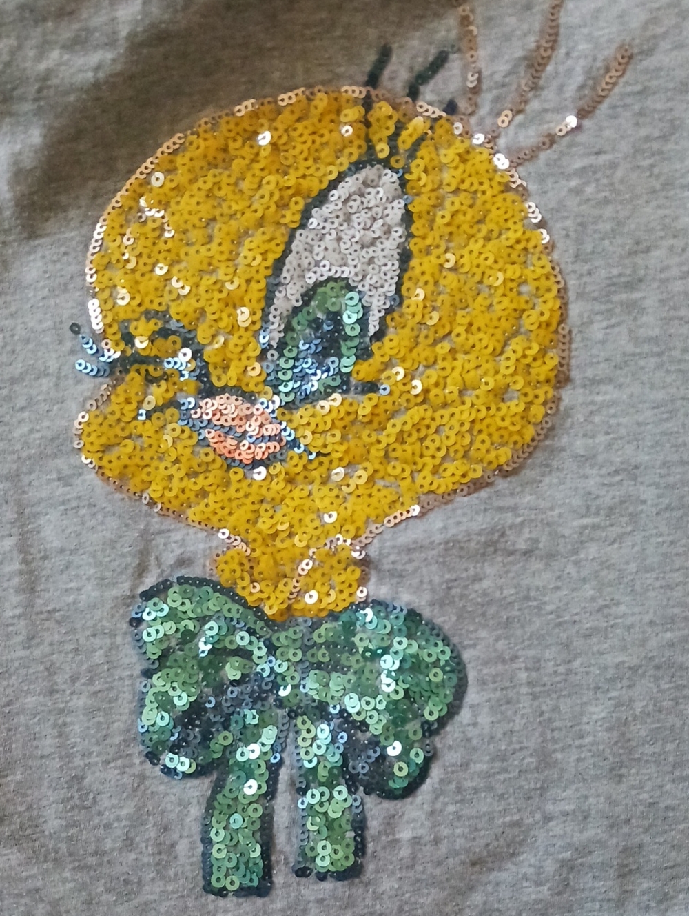 🔴10/$13❗GAP Grey Short-Sleeve Tee with Yellow Tweety Sequin Graphic and Green